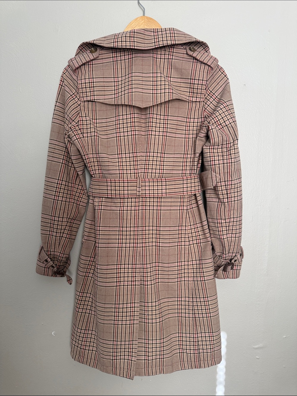 Express Design Studio Plaid Double-Breasted Trench Coat - Pink/Tan small - Picture 7 of 11